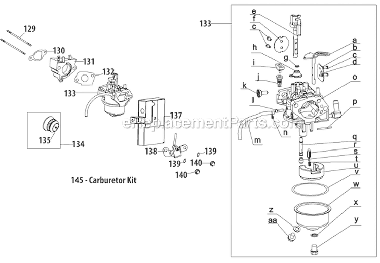 Carburetor Diagram and Parts List for 31AH64FG700 2012 Yard Machines Snow Blower